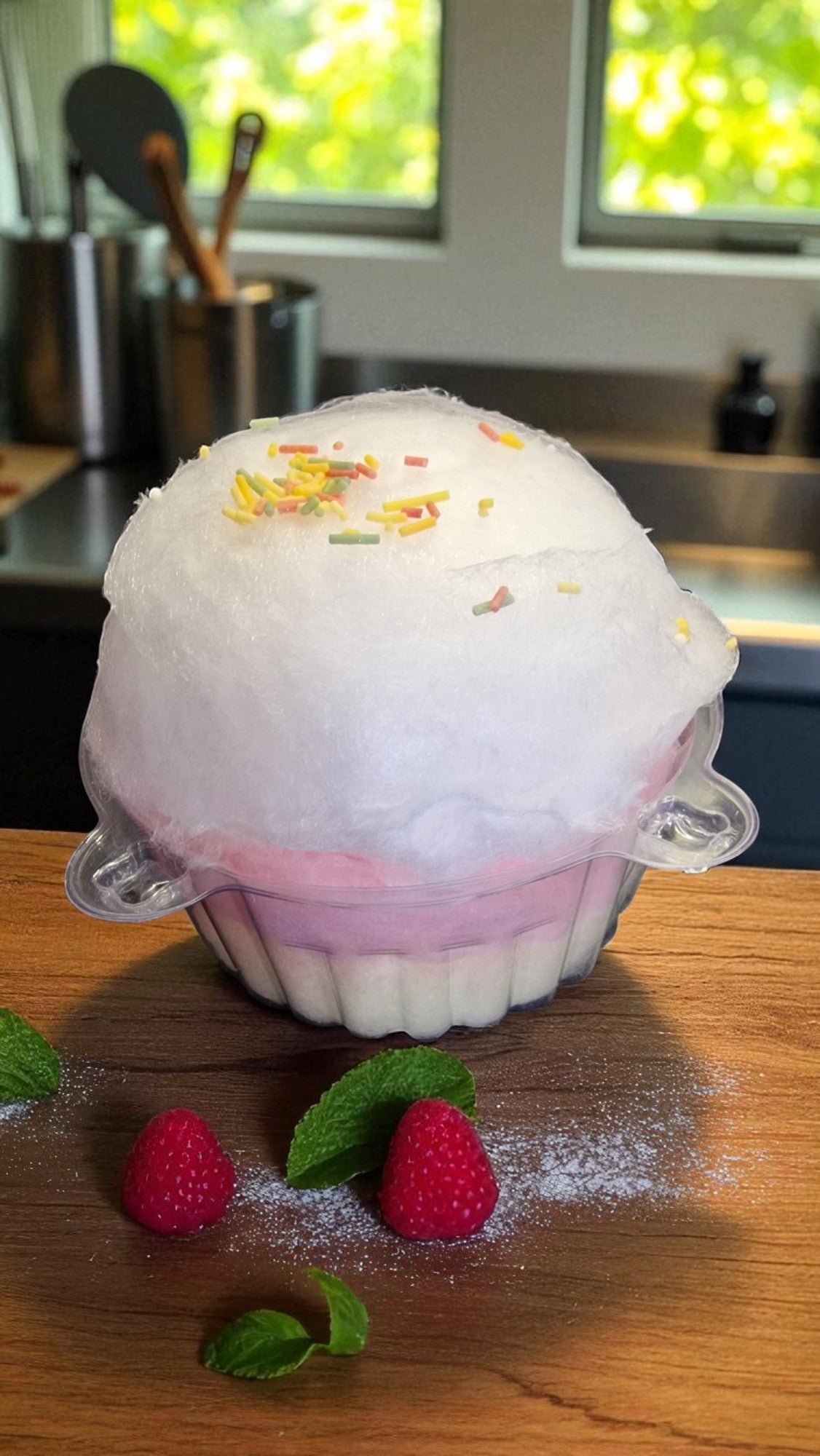 Ice cream dessert with pink and white layers on a wooden surface, garnished with raspberries and mint leaves.