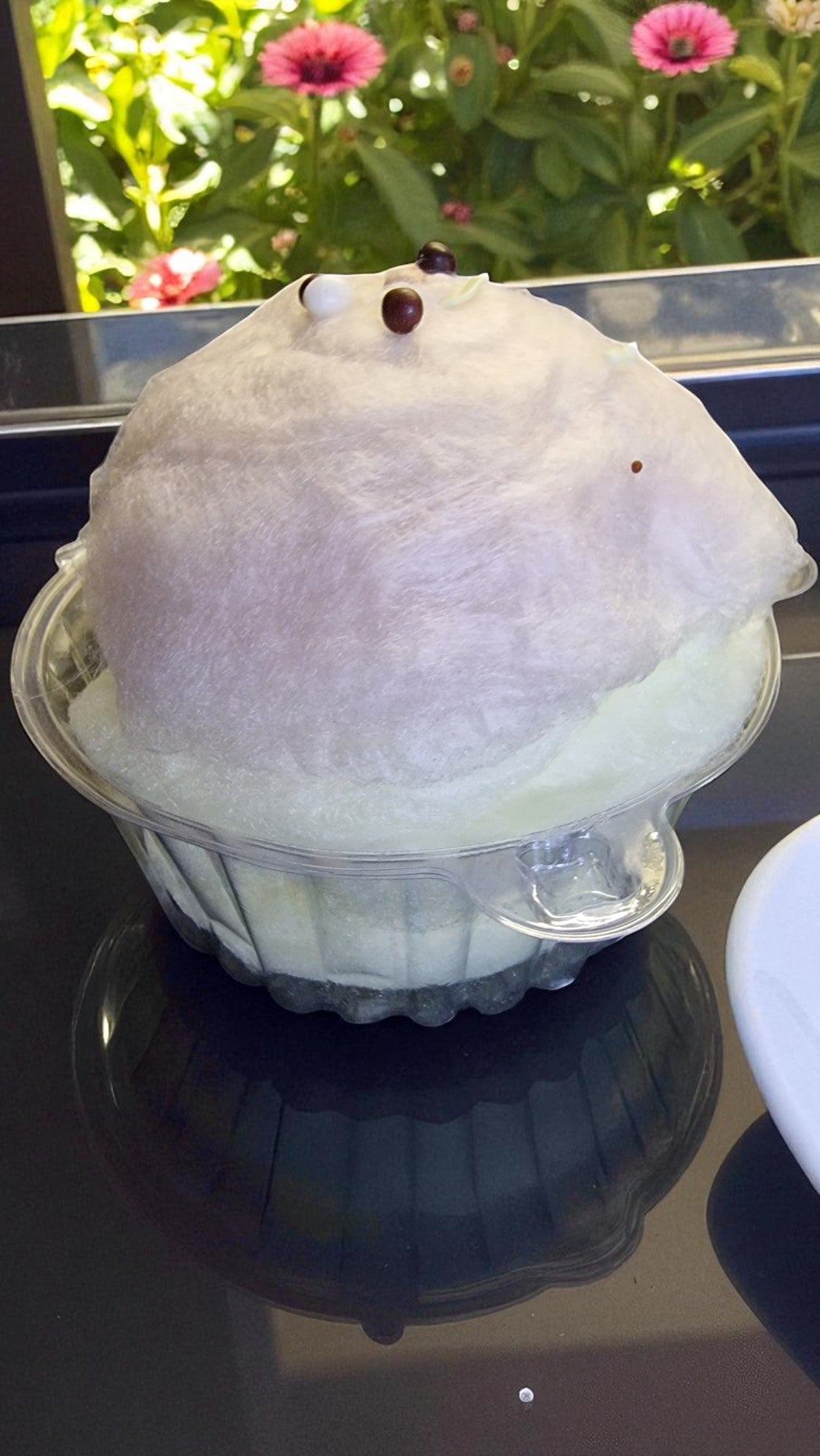 White dessert in a clear container on a reflective surface with greenery in the background