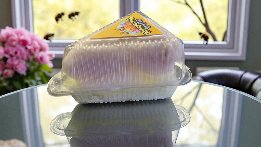 Packaged dessert in a clear plastic container on a reflective surface with a blurred background