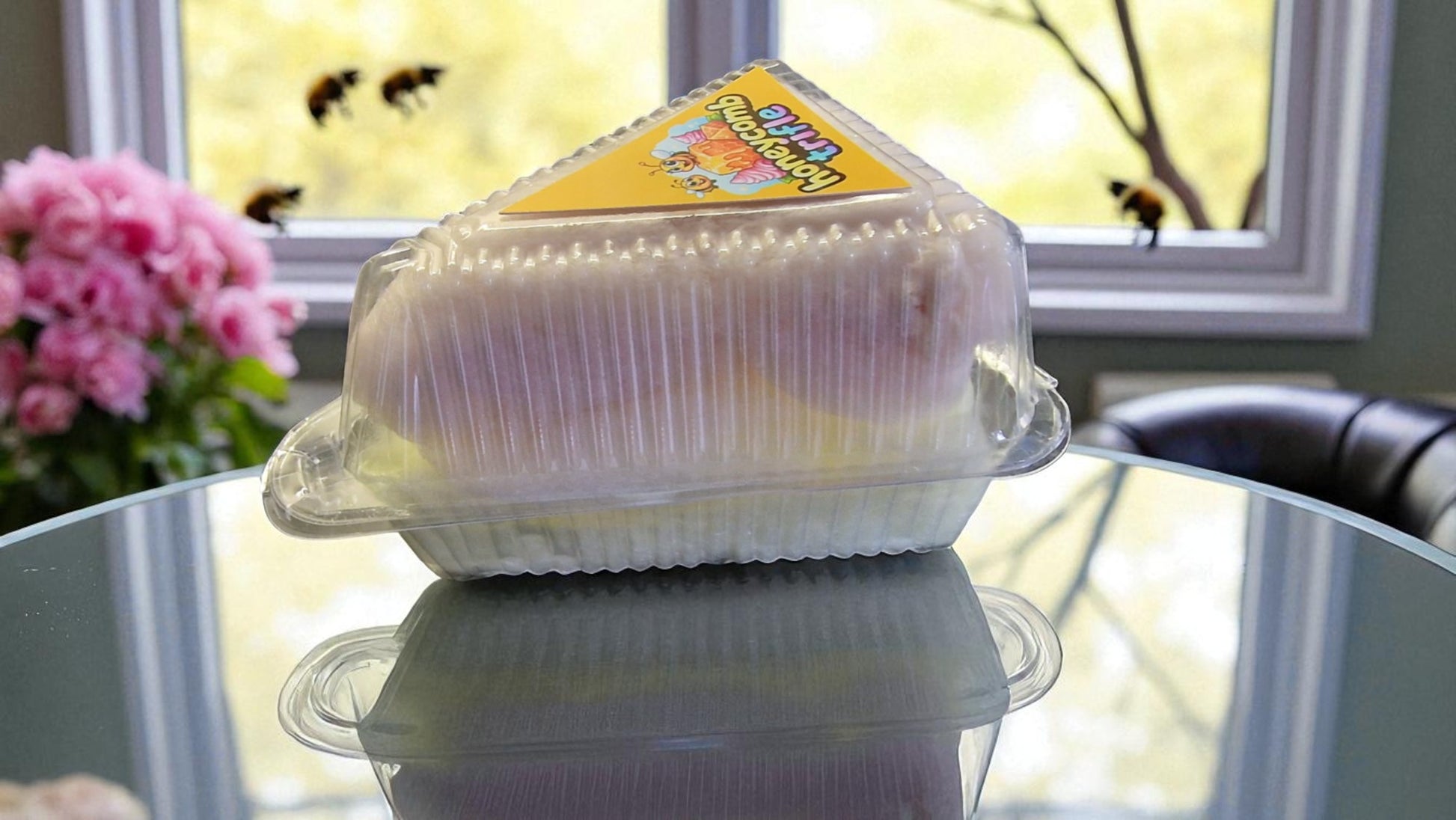 Packaged dessert in a clear plastic container on a reflective surface with a blurred background