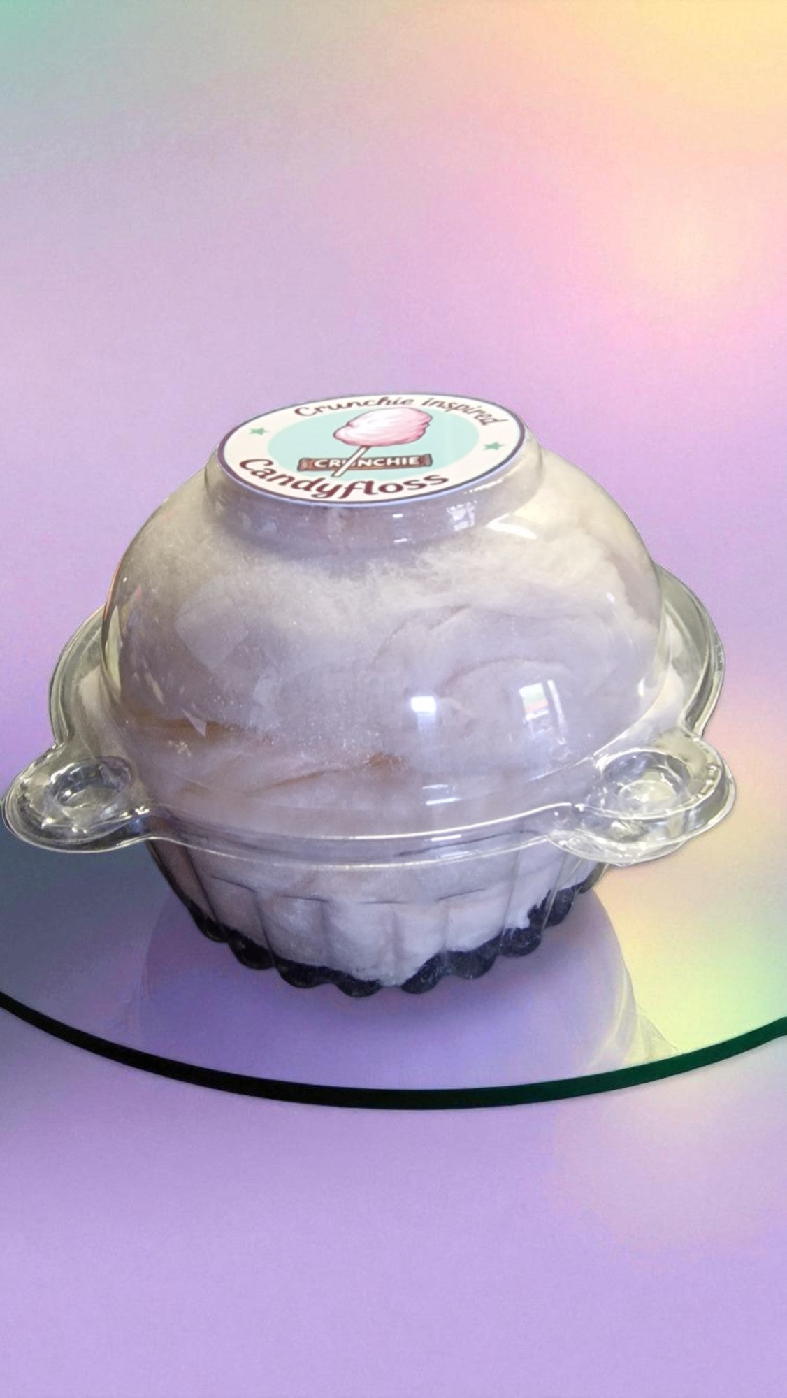 Cupcake in a clear dome packaging with 'Candyfloss' branding on a gradient background.