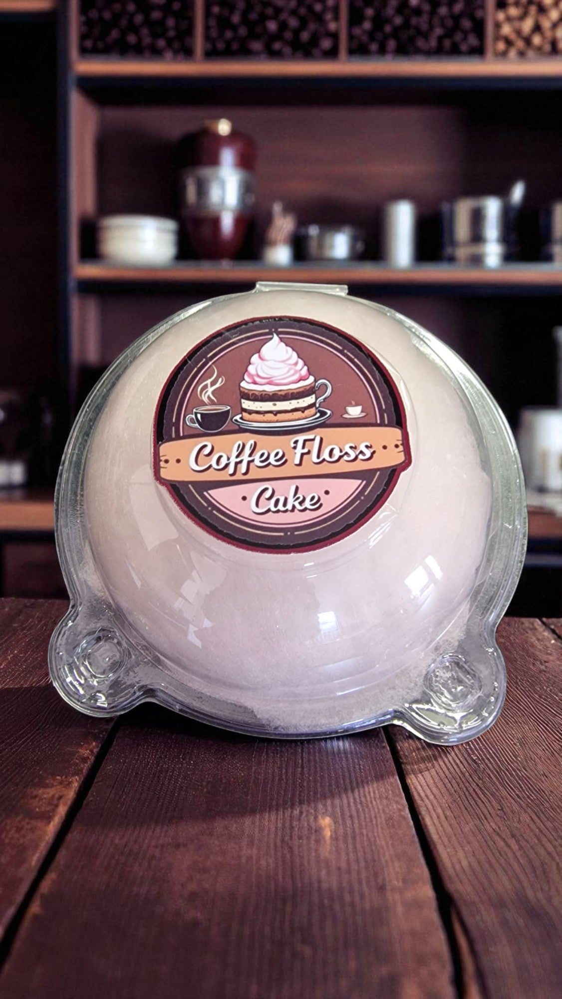 Coffee floss cake in a clear plastic dome on a wooden surface with a blurred background.