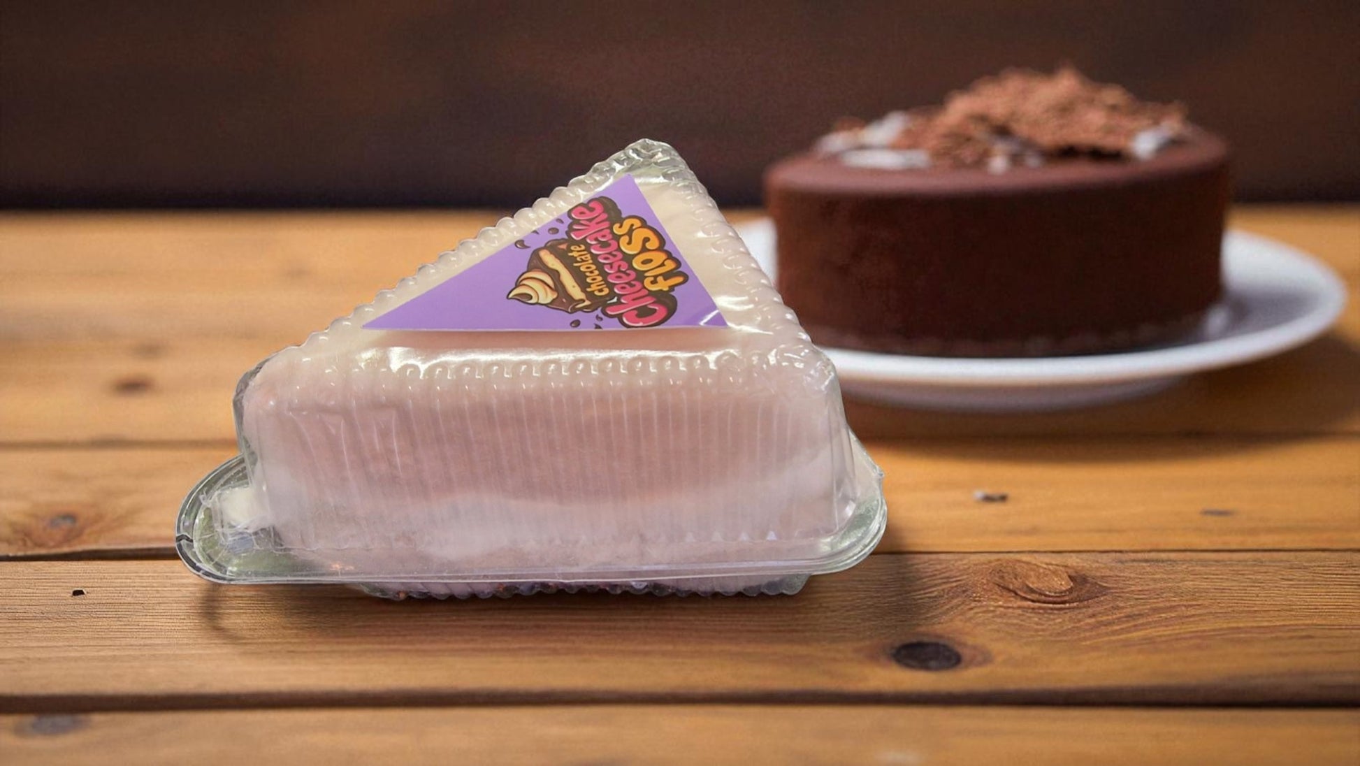 Packaged dessert on a wooden table with a cake in the background