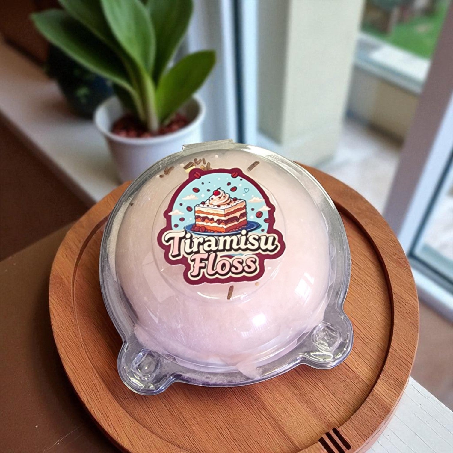 Tiramisu floss dessert in a clear container on a wooden board with a plant in the background.