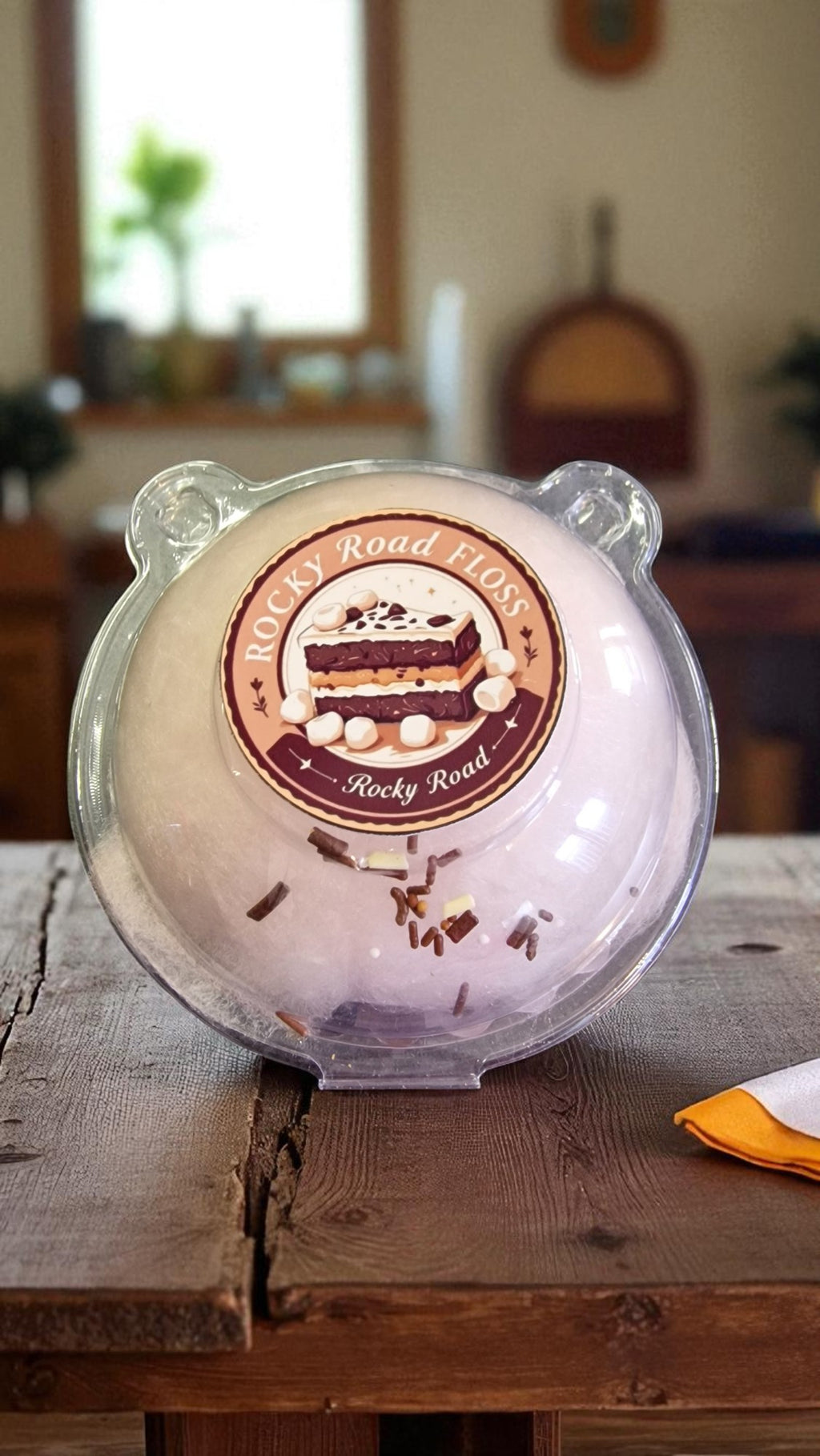 Round candy container with 'Rocky Road' label on a wooden surface