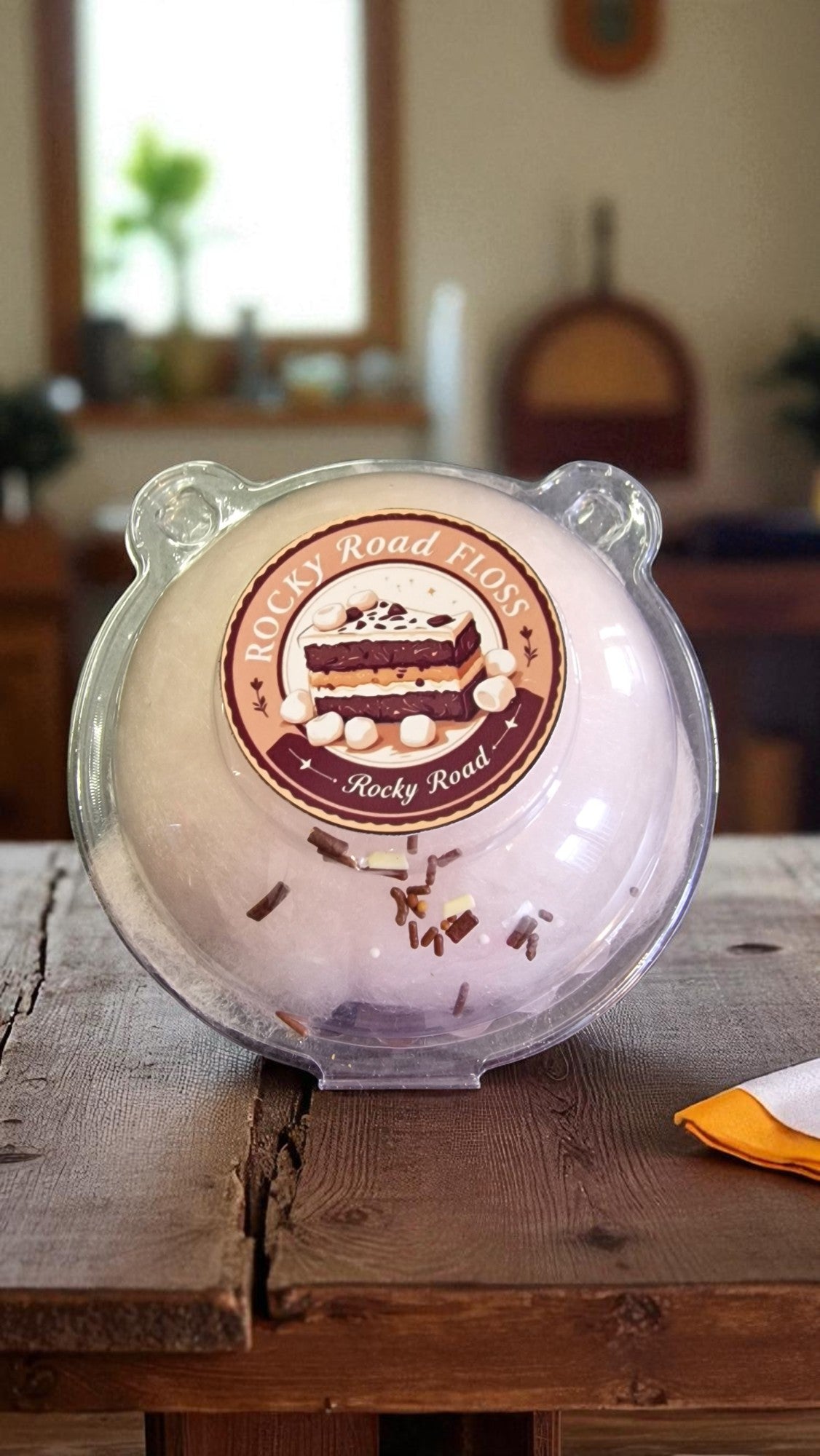 Round candy container with 'Rocky Road' label on a wooden surface