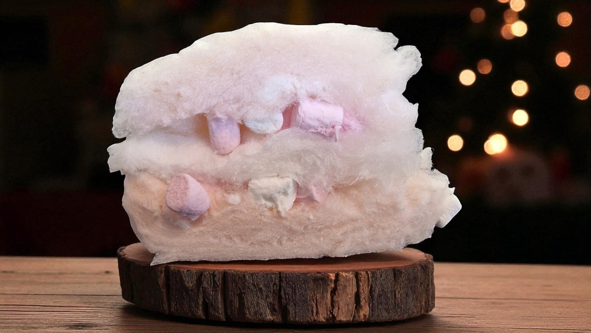White marshmallow with pink specks on a wooden stand against a blurred background with lights