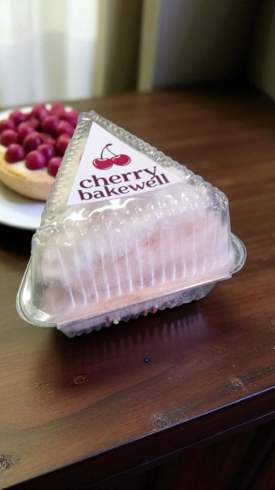 Packaged cherry bakewell dessert on a wooden table