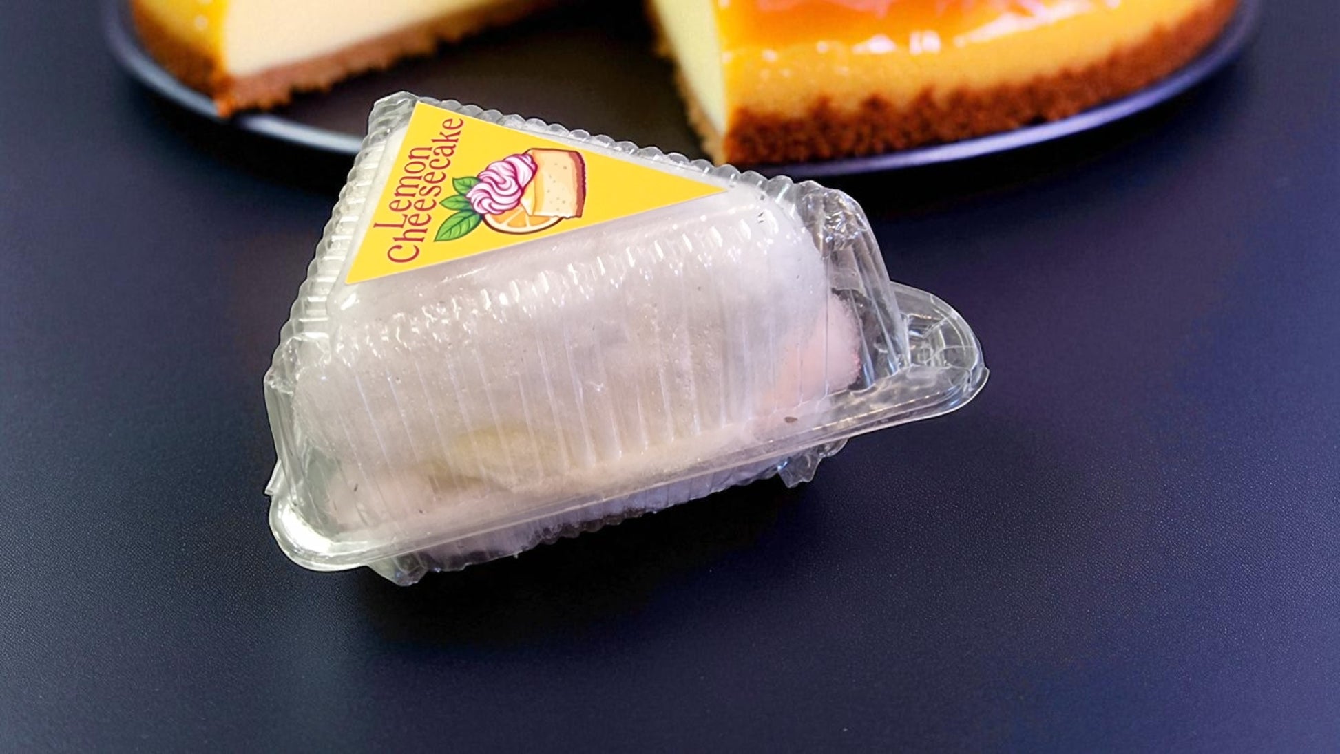 Packaged dessert in a clear plastic container with a yellow label on a dark surface.