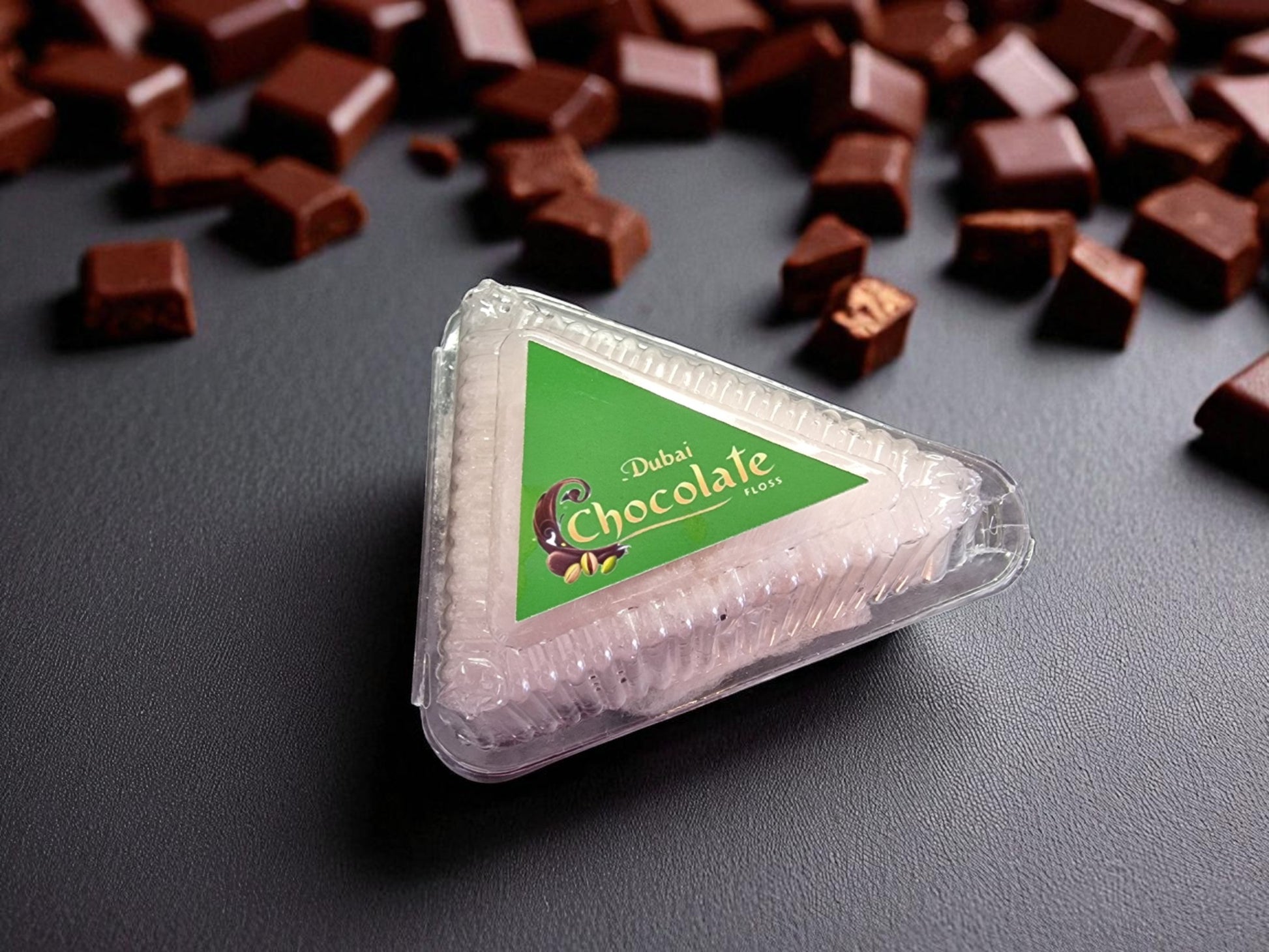 Packaged chocolate with a green label on a dark surface with scattered chocolate pieces.