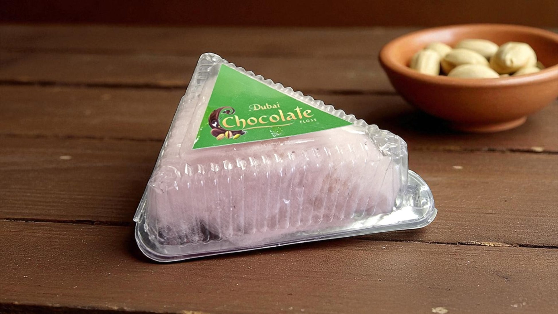 Packaged chocolate on a wooden surface with a bowl of nuts in the background