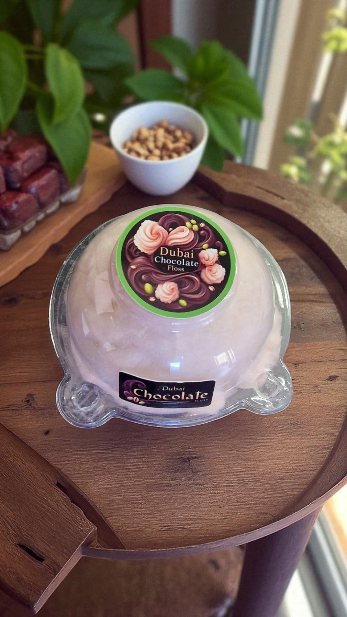 Decorative bowl with a label on a wooden surface