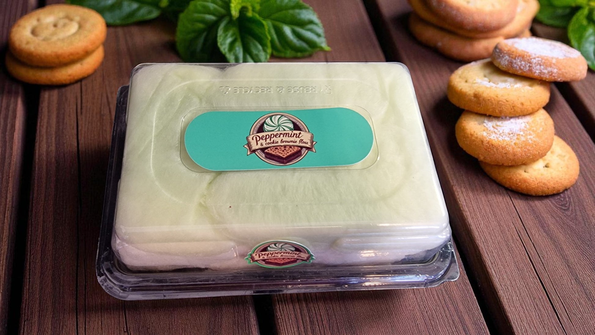 Packaged dessert with a visible brand logo on a wooden surface with cookies.