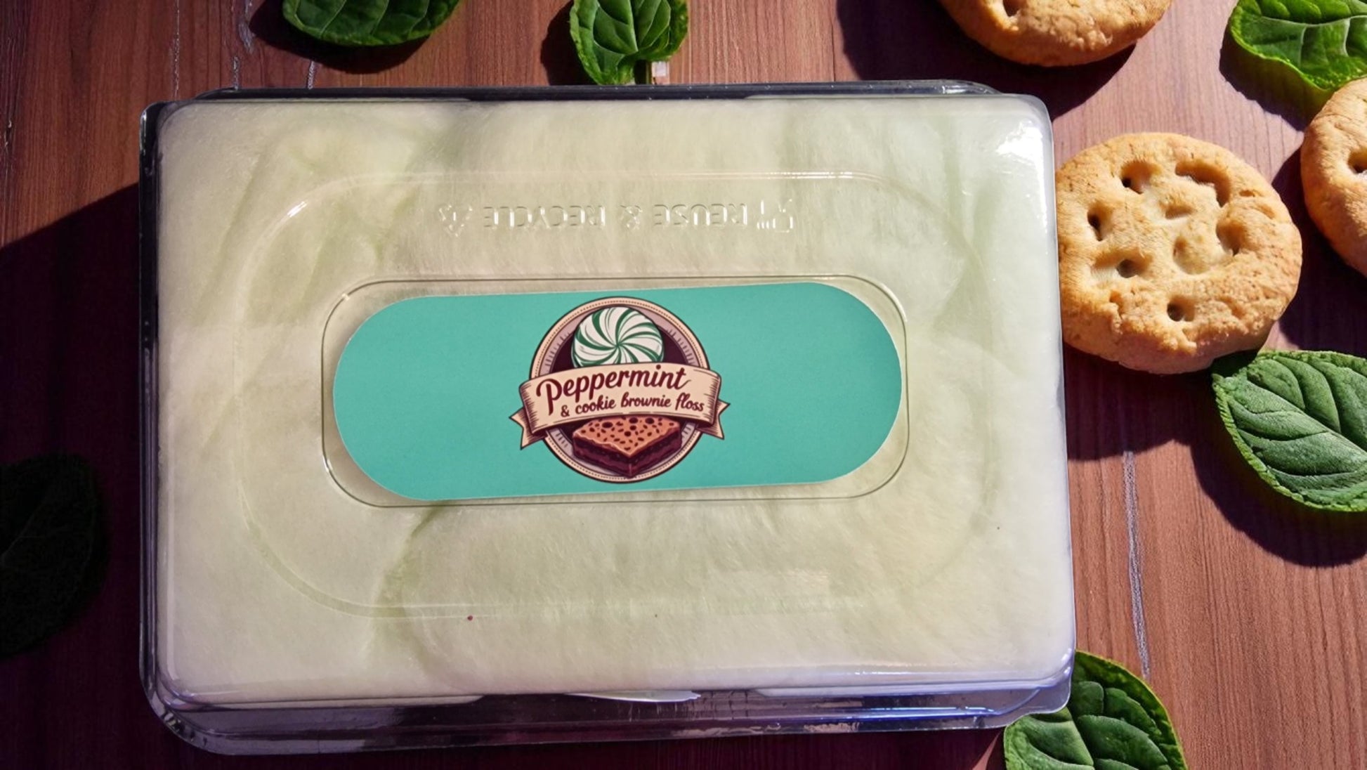 Wet wipes container with a peppermint flavor label on a wooden surface with cookies and mint leaves.