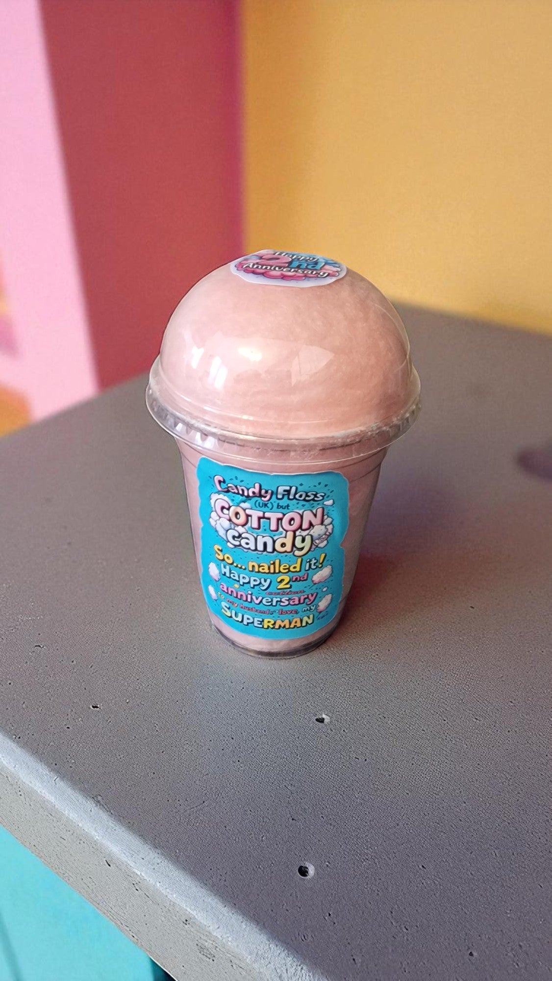 Personalised Cotton Candy 2nd Wedding Anniversary Gift | Custom Candy Floss Tub | Cotton Anniversary, 16oz, Choose Colour & Message