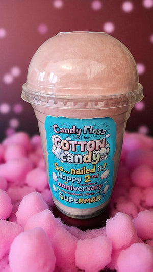 Personalised Cotton Candy 2nd Wedding Anniversary Gift | Custom Candy Floss Tub | Cotton Anniversary, 16oz, Choose Colour & Message