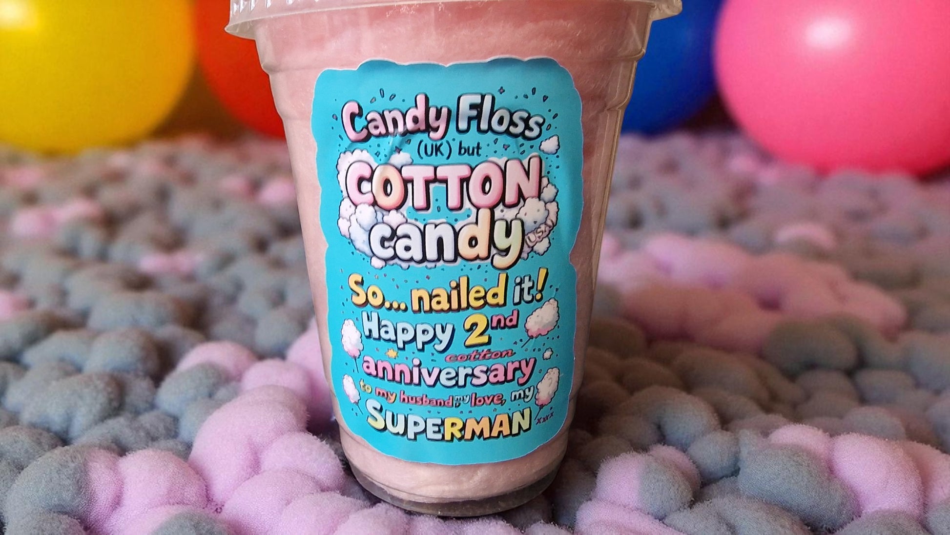Personalised Cotton Candy 2nd Wedding Anniversary Gift | Custom Candy Floss Tub | Cotton Anniversary, 16oz, Choose Colour & Message