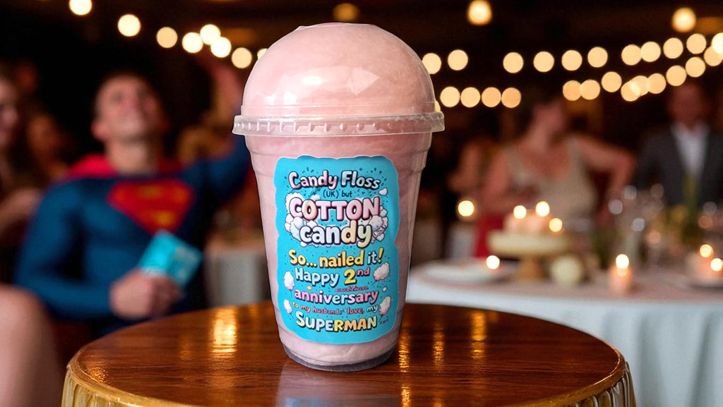 Personalised Cotton Candy 2nd Wedding Anniversary Gift | Custom Candy Floss Tub | Cotton Anniversary, 16oz, Choose Colour & Message