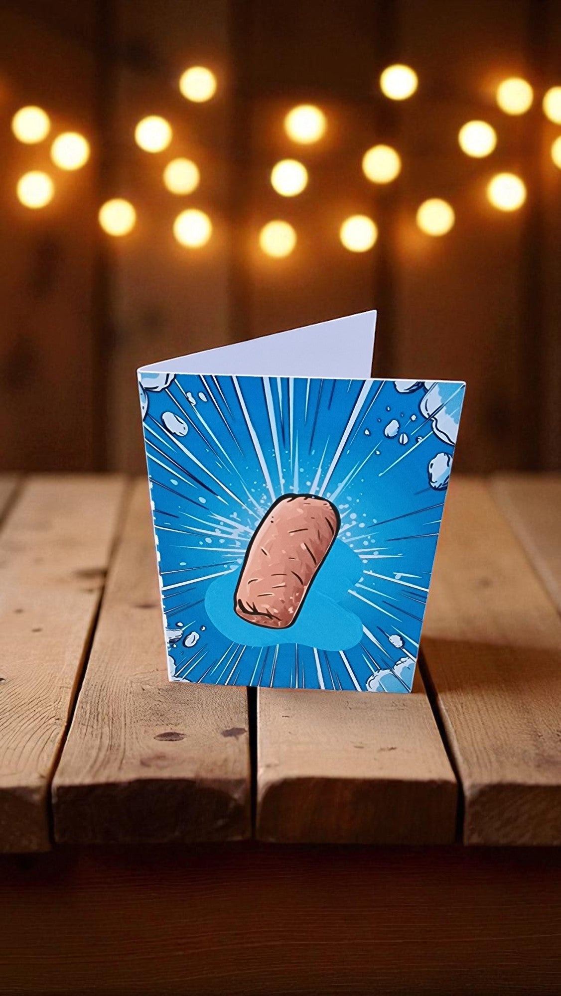 Greeting card with a cartoonish design of a pink object on a blue background, placed on a wooden surface with blurred lights in the background.