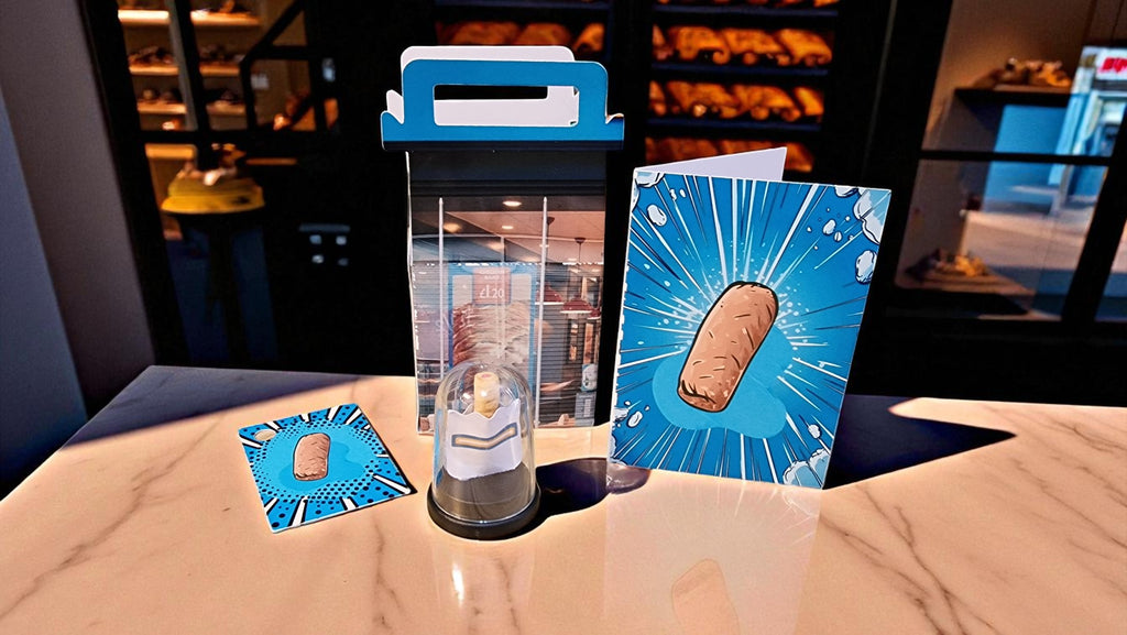 Clear water bottle with blue cap and accessories on a table