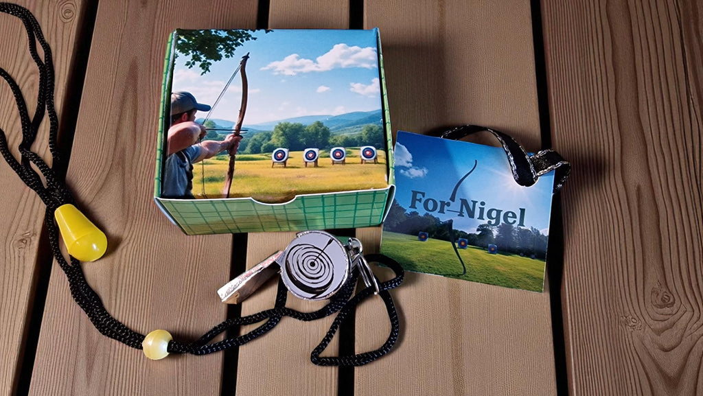 Archery set with a target and 'For Nigel' card on a wooden surface