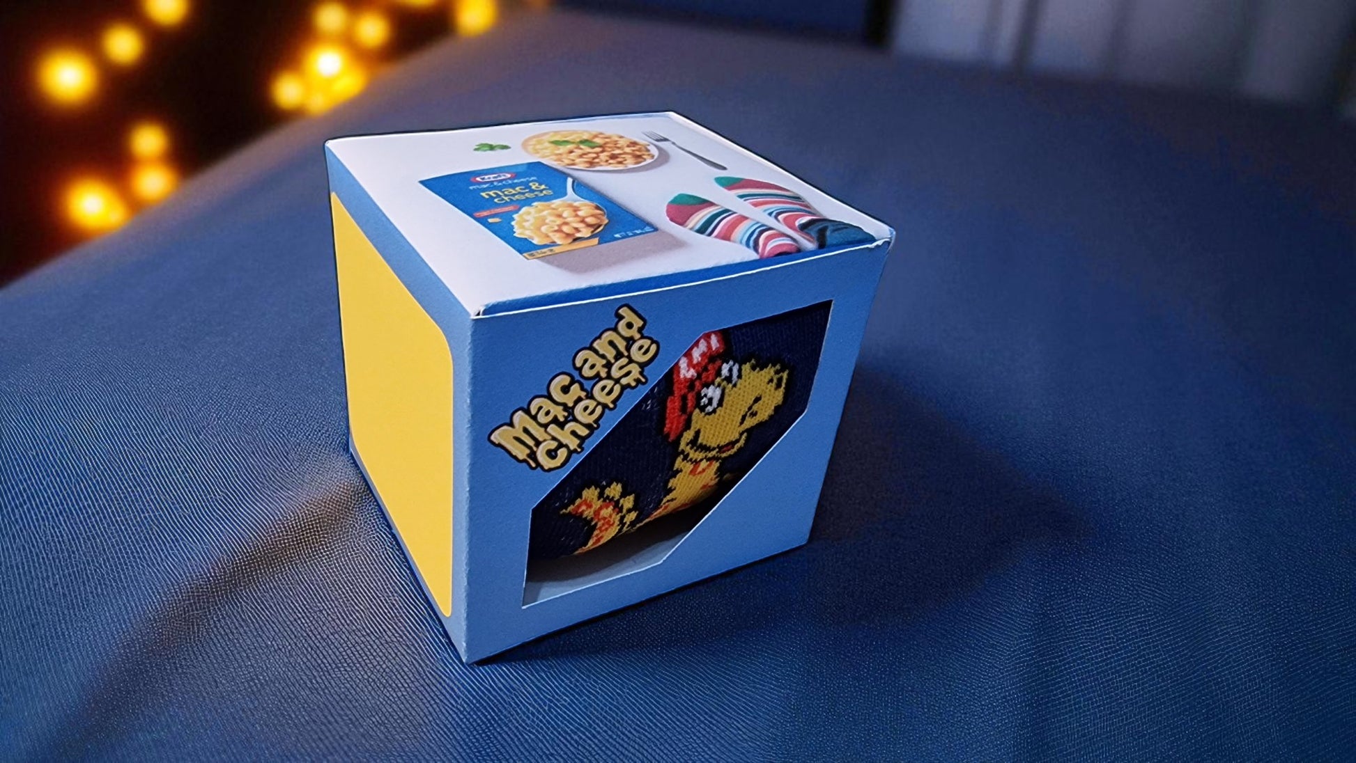 Mac & Cheese Crew Socks – One Size (6-9) – Handcrafted Gift Box (8 x 8 cm)
