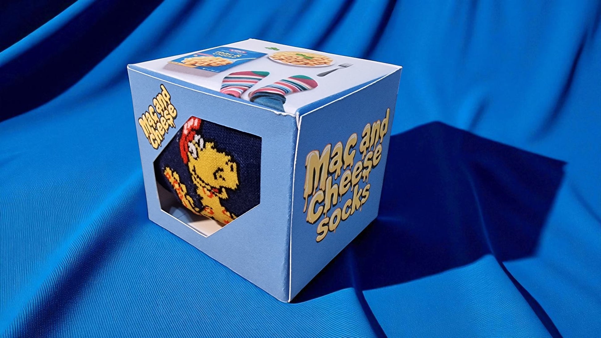 Mac & Cheese Crew Socks – One Size (6-9) – Handcrafted Gift Box (8 x 8 cm)