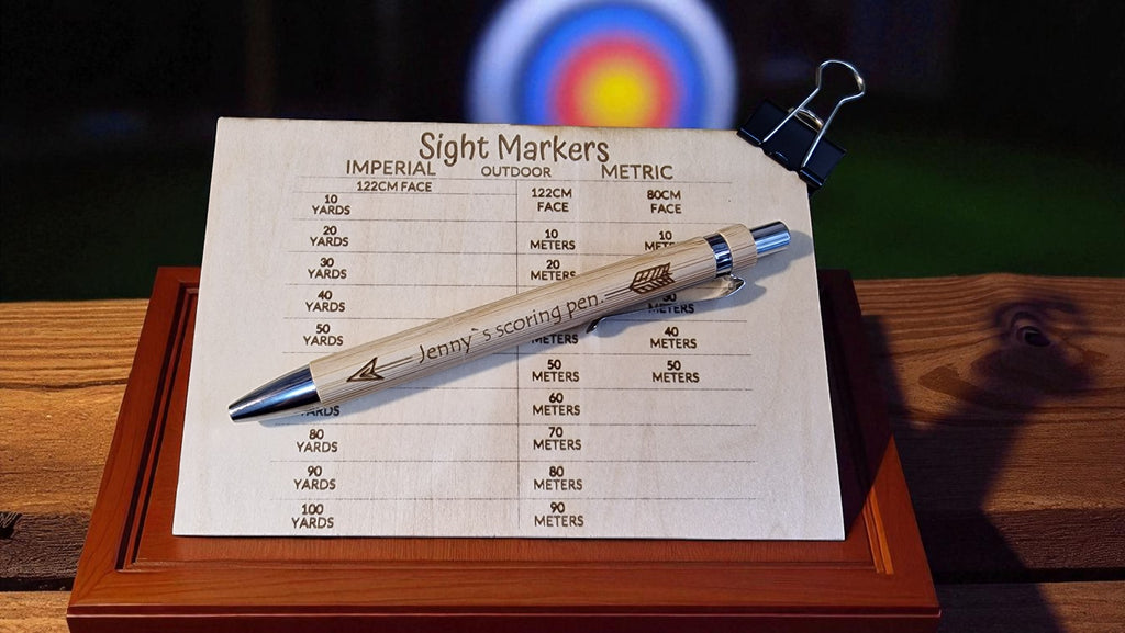 Sight markers sheet with a pen on a wooden stand, with a blurred archery target in the background.