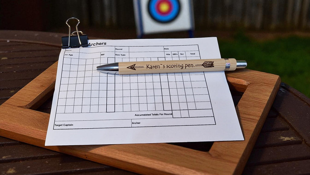 Scorecard with a pen on a wooden surface, with an archery target in the background.