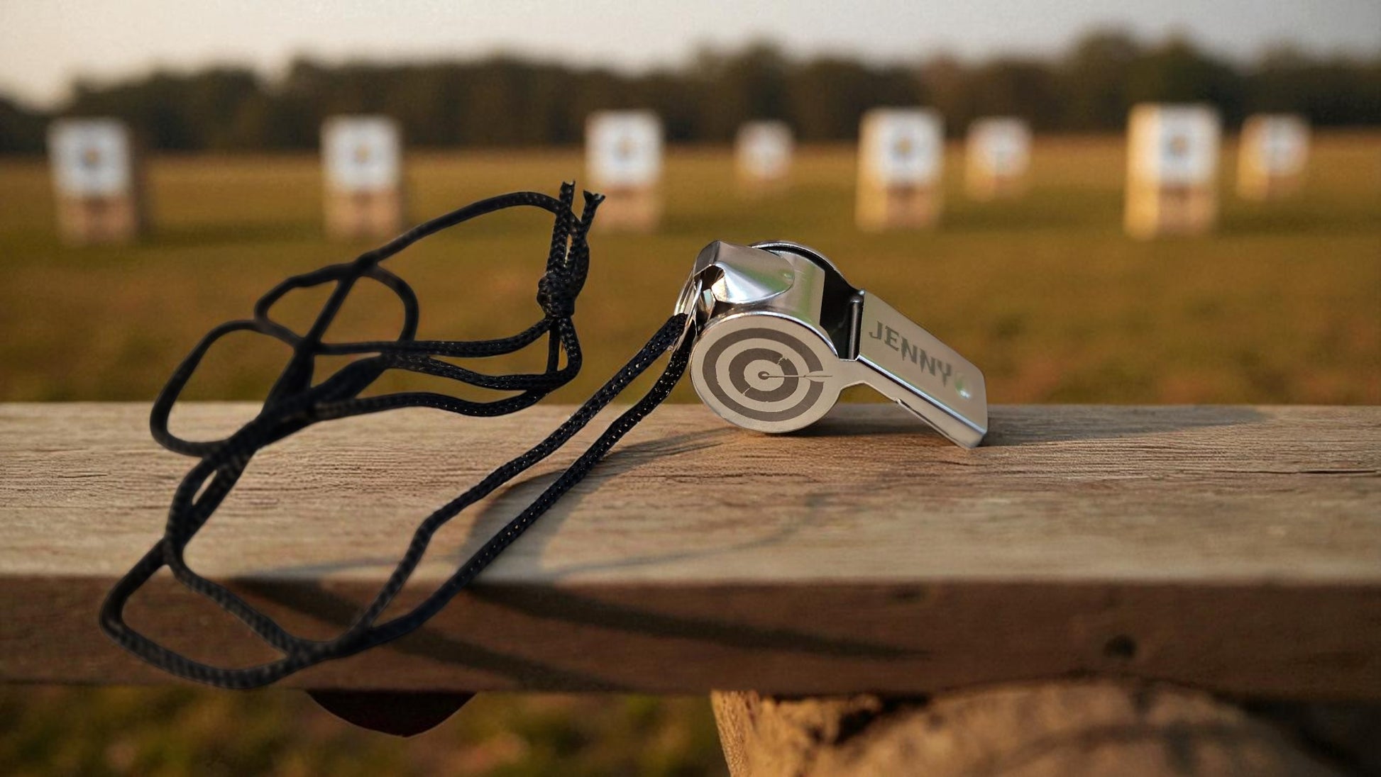 Whistle with a lanyard on a wooden surface with blurred targets in the background
