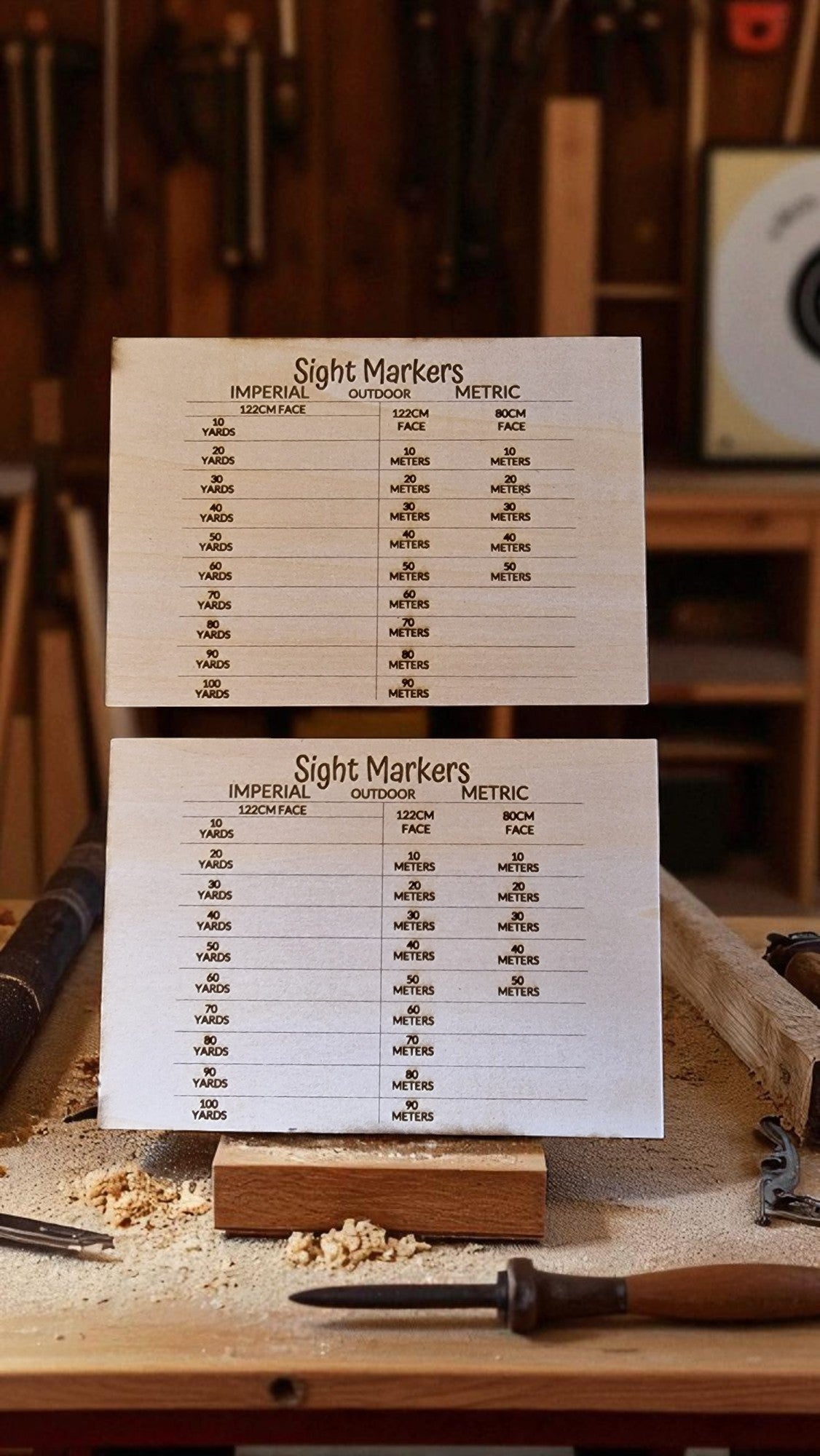 Two sheets of paper with measurement conversion tables on a wooden surface with tools in the background.