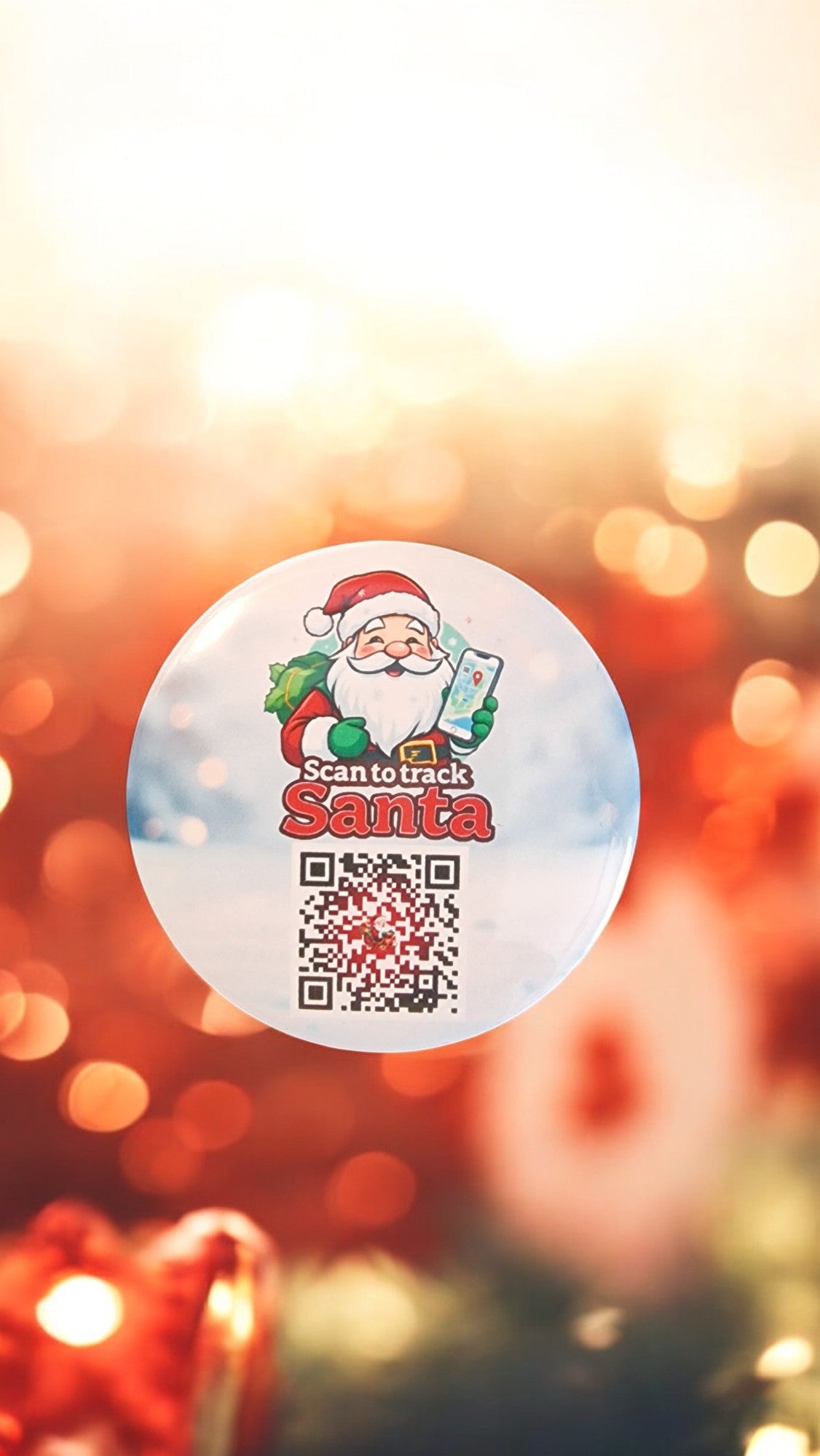 QR code sticker with Santa Claus graphic on a festive background
