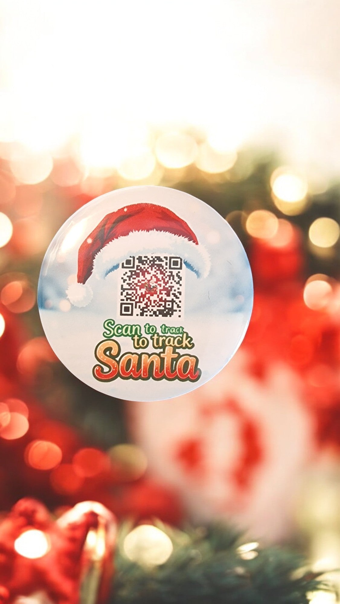 QR code sticker with Santa hat design on a festive background
