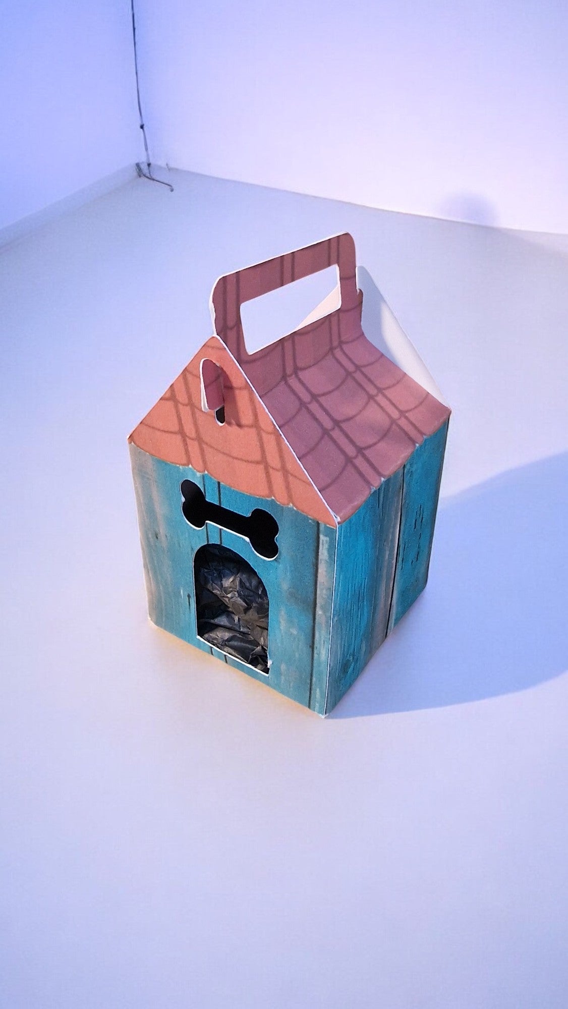 Cardboard doghouse-shaped box with a handle on a white background