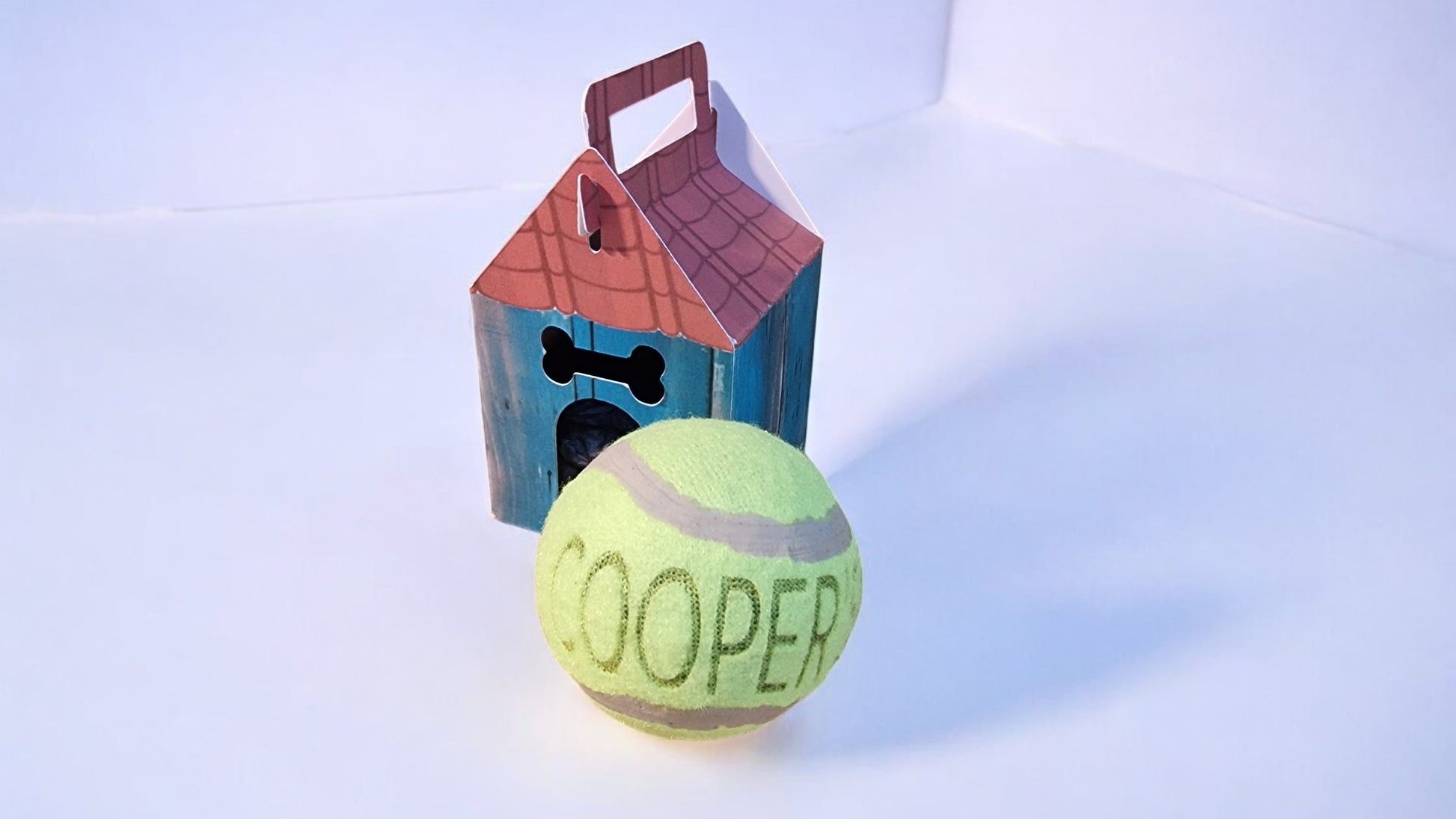 Tennis ball with 'Cooper' written on it next to a small wooden house-shaped dog toy on a white background