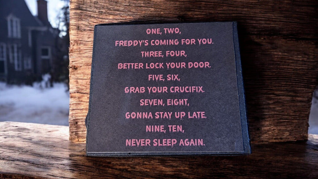 Text on a black card with pink letters on a wooden surface
