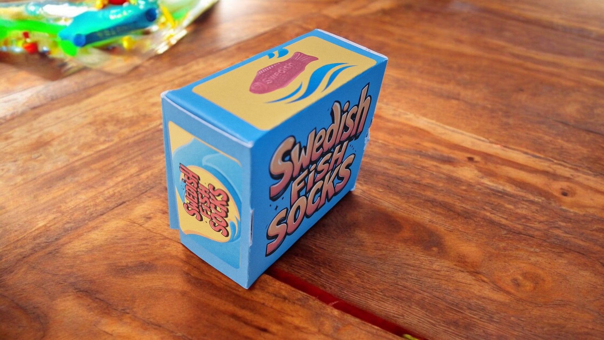 Swedish Fish socks and packaging on a wooden surface with neon lights in the background