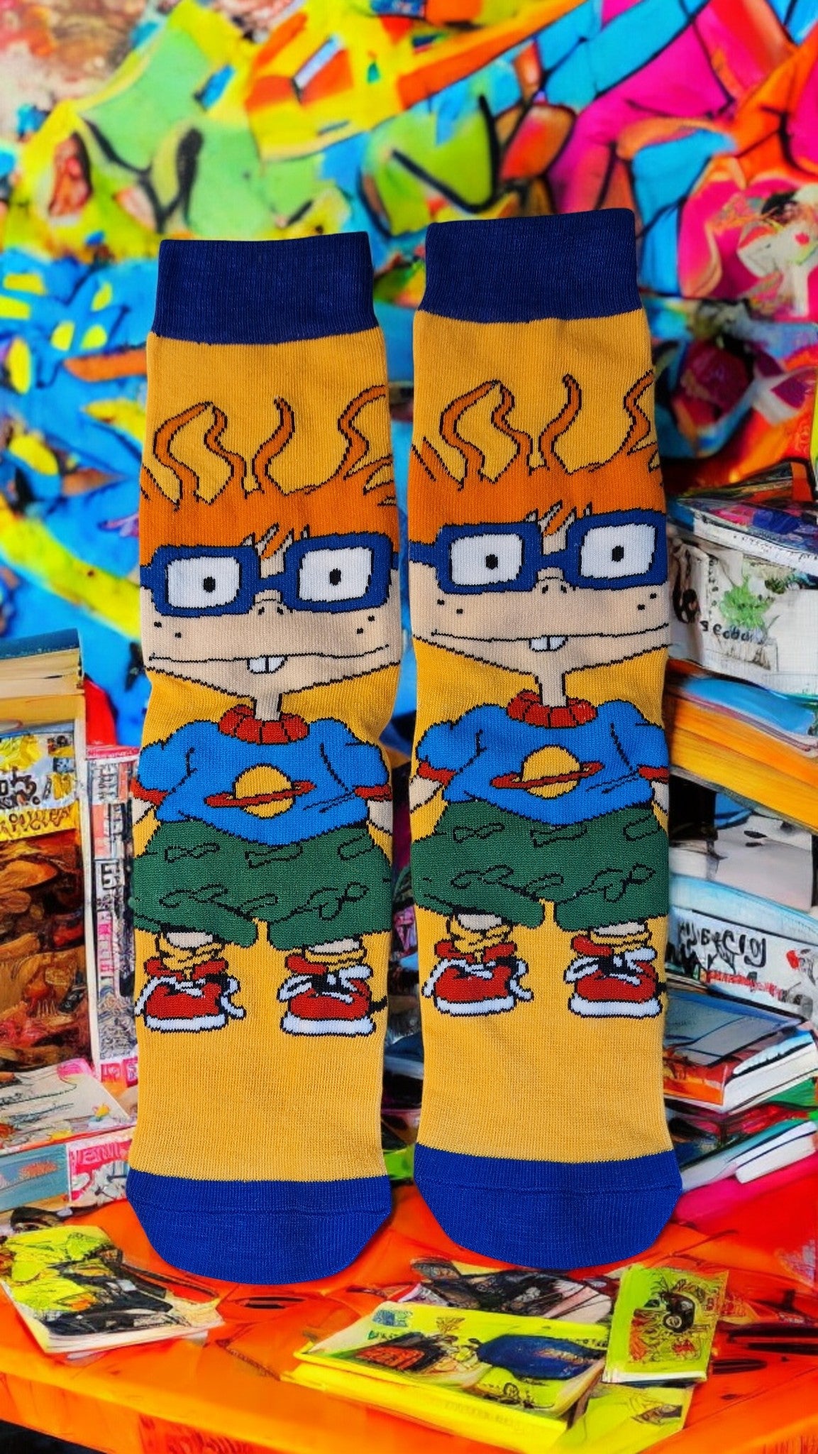 Cartoon character socks with a colorful background