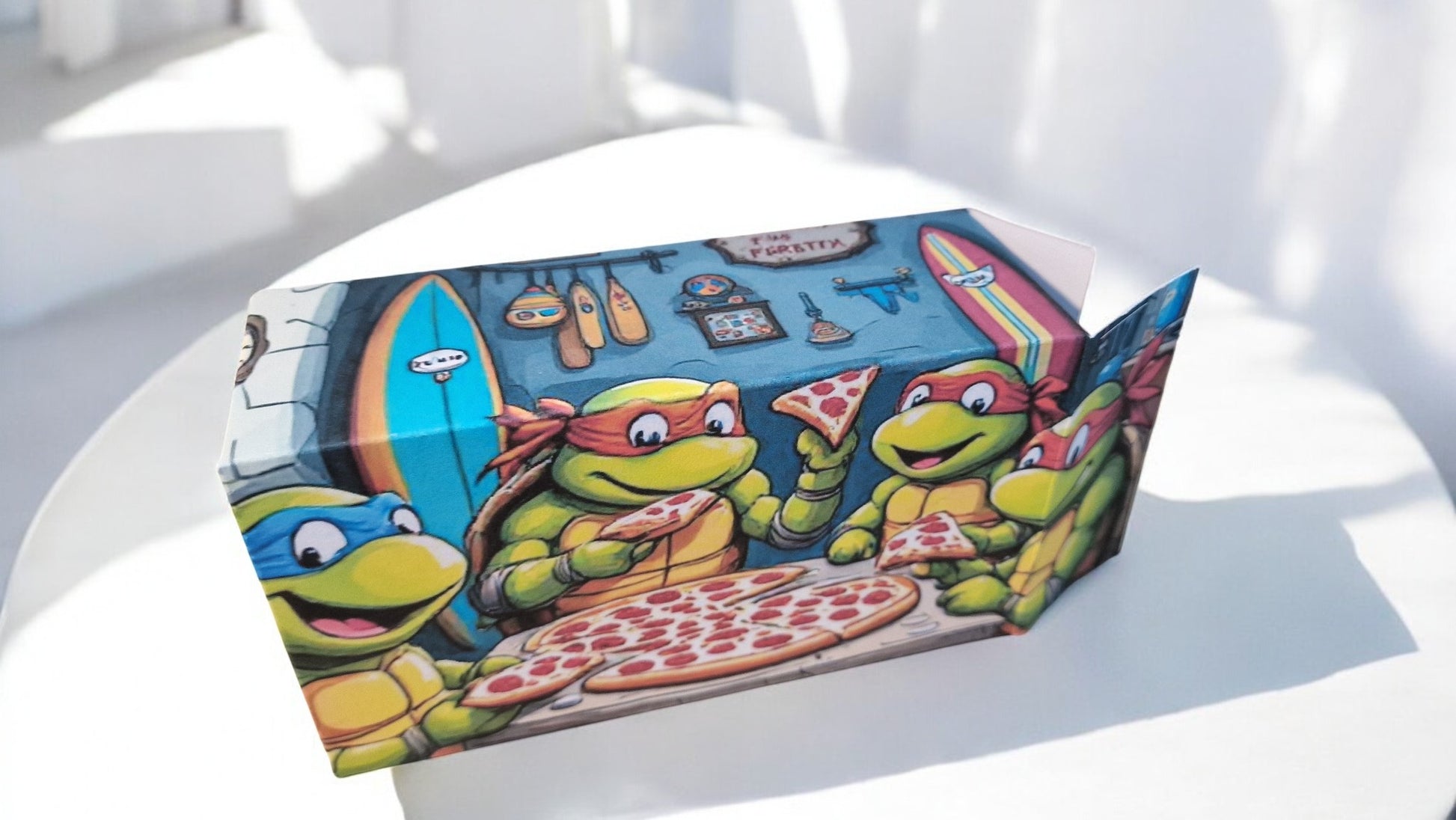 Cartoon turtle-themed box on a white surface