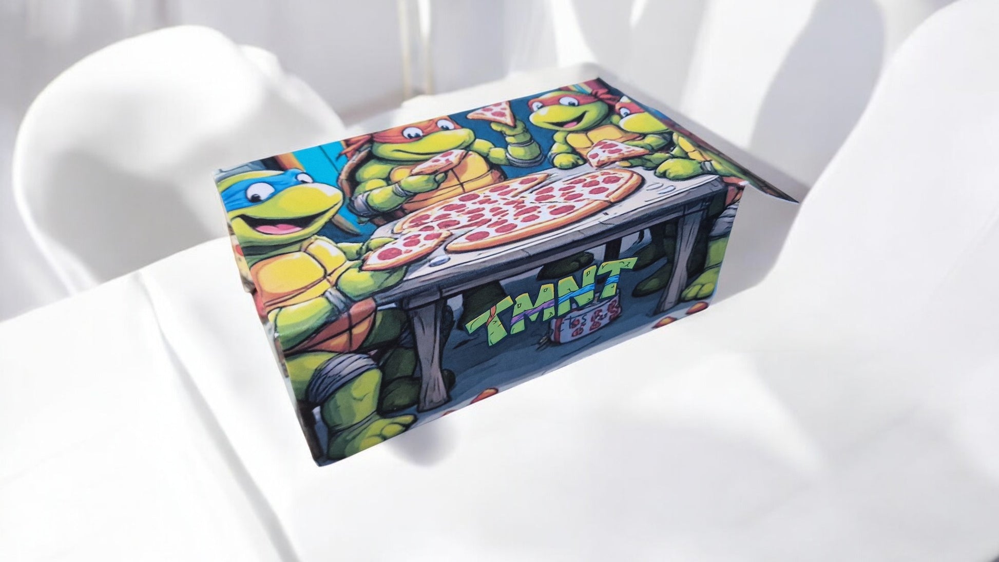 Cartoon pizza box with TMNT characters on a white surface