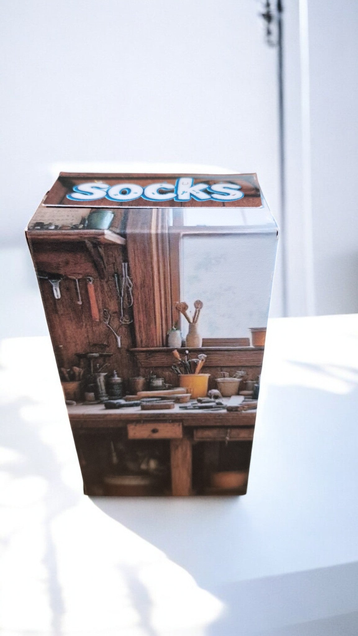Box with a kitchen scene and 'socks' text on a white background