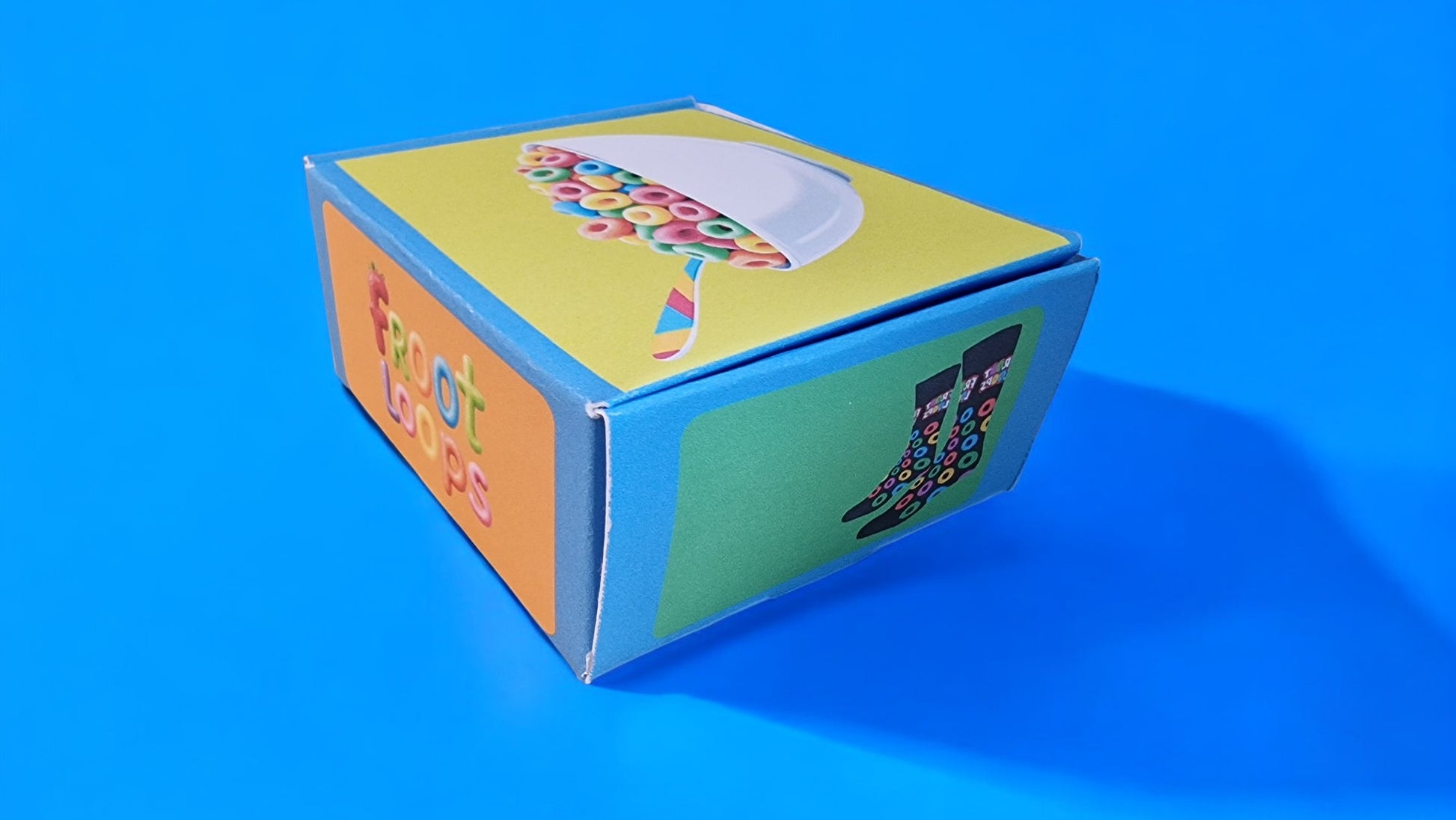 Colorful box with cartoon characters on a blue background