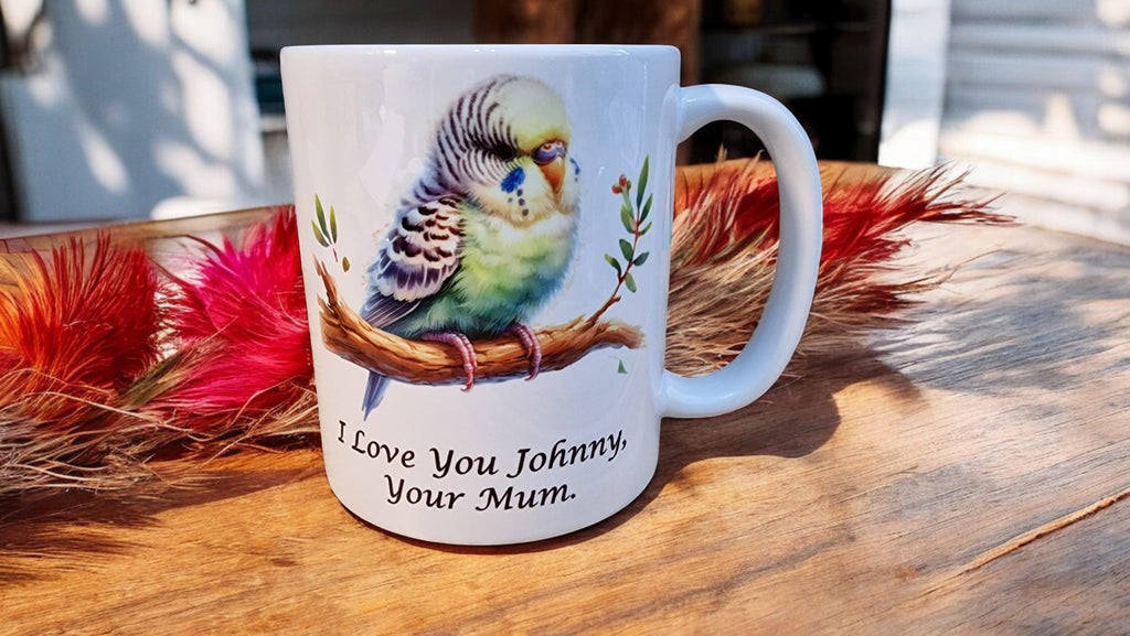 Mug with a parrot design and text on a wooden surface