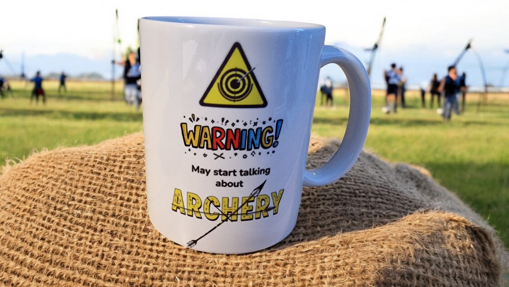 White mug with archery-themed design on a burlap surface with archery range in the background
