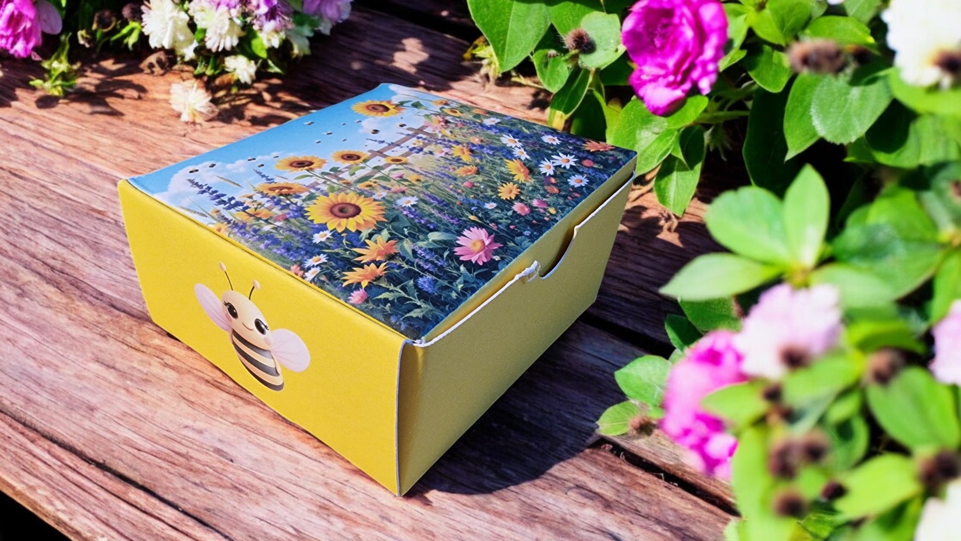 Yellow box with floral design on a wooden surface surrounded by flowers