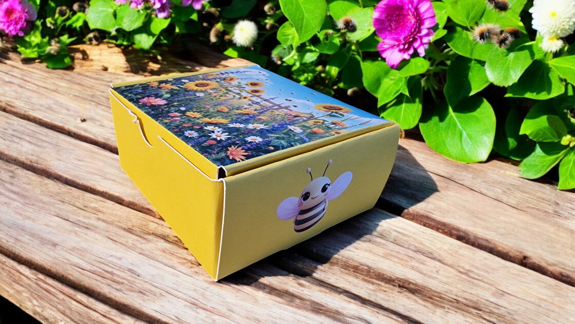 Yellow box with bee design on a wooden surface with flowers in the background
