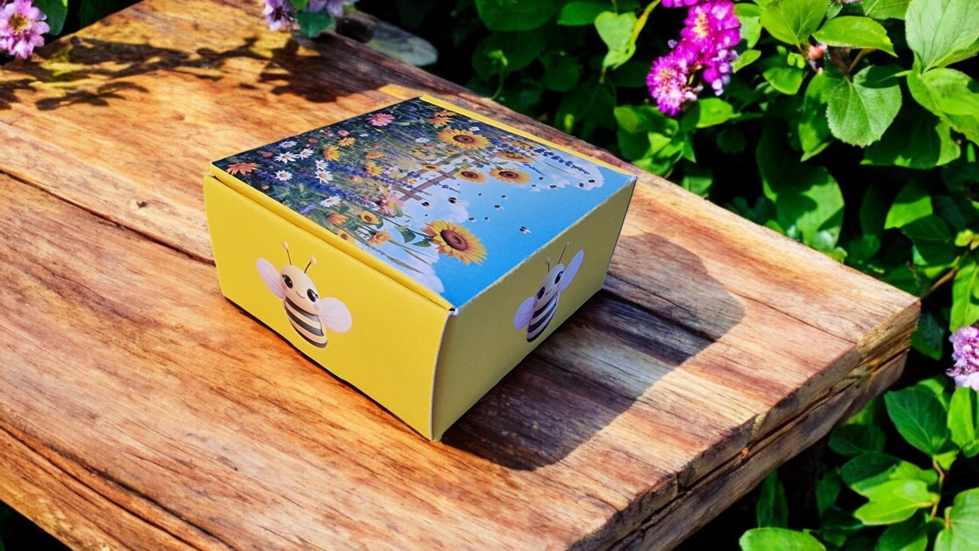 Colorful box with bee design on a wooden surface with greenery in the background