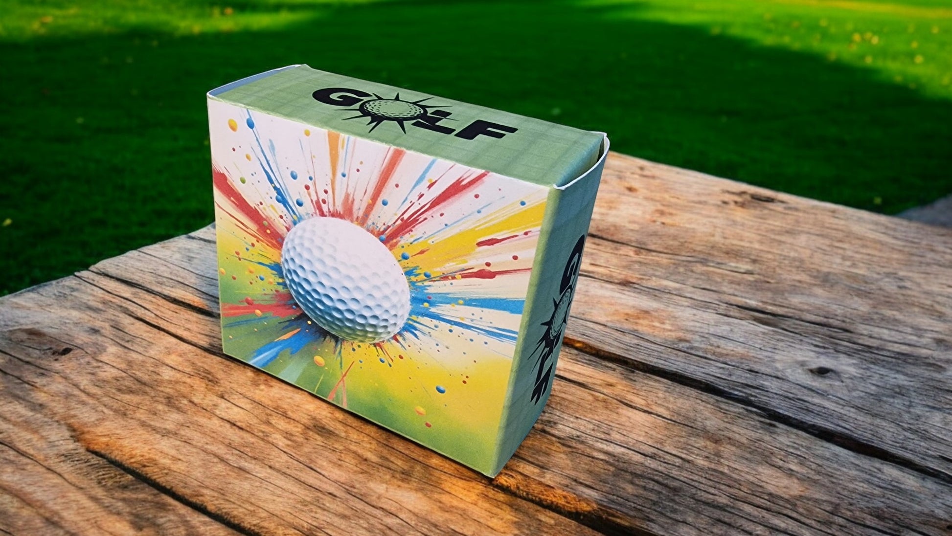 Colorful golf ball packaging with a golf ball graphic on a wooden surface.