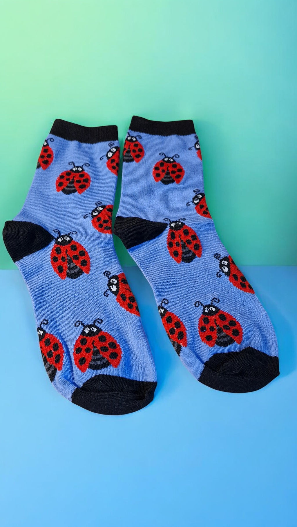 Pair of socks with ladybug pattern on a blue background