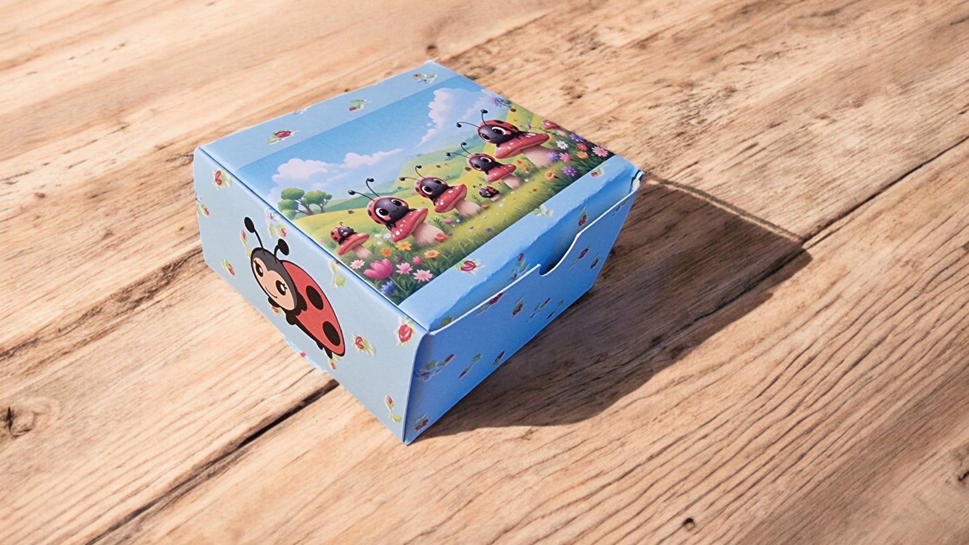 Blue children's toy box with ladybug design on a wooden surface